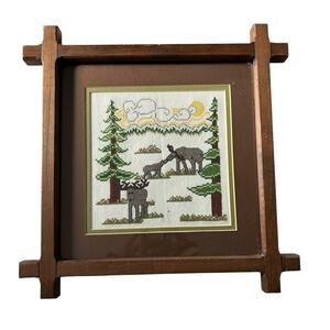 Cross Stitch Moose Family in Forest 11" X 11" Vintage‎ Completed Framed & Matted